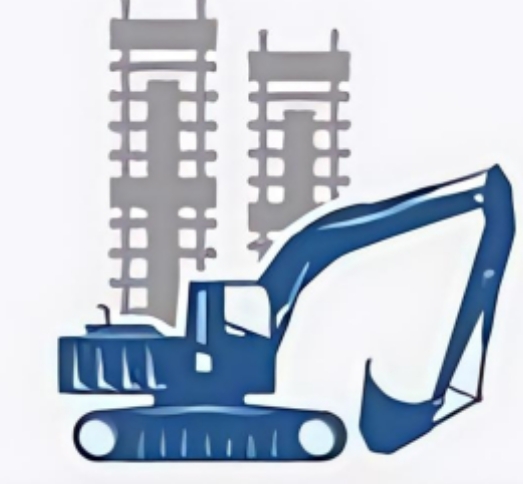 Illustration d’une pelle mécanique devant des structures en béton – symbolisant la gestion de projet construction et les services d’ingénierie